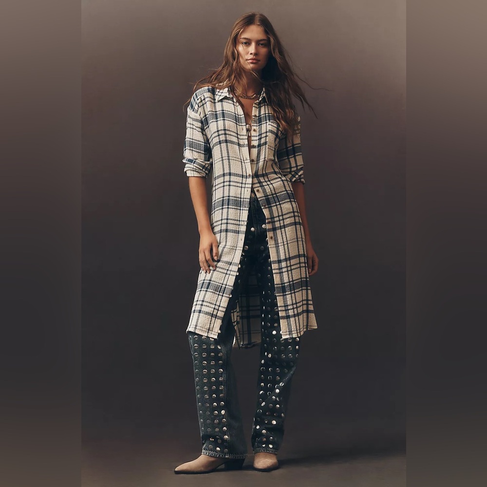Anthropologie Pilcro Side-Slit Maci Tunic Buttondown in Ivory Plaid, size L, NWT - Picture 2 of 12